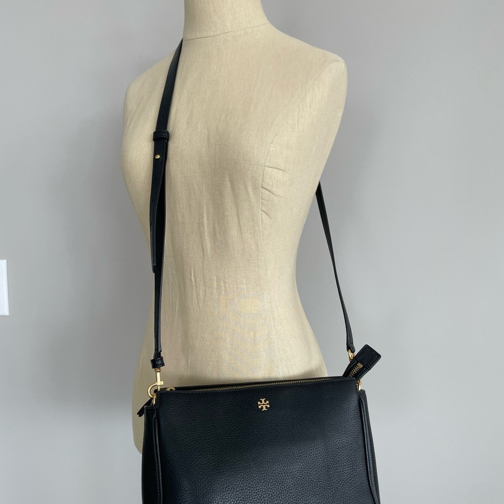 Tory Burch Black Pebbled Leather Crossbody with Gold Logo